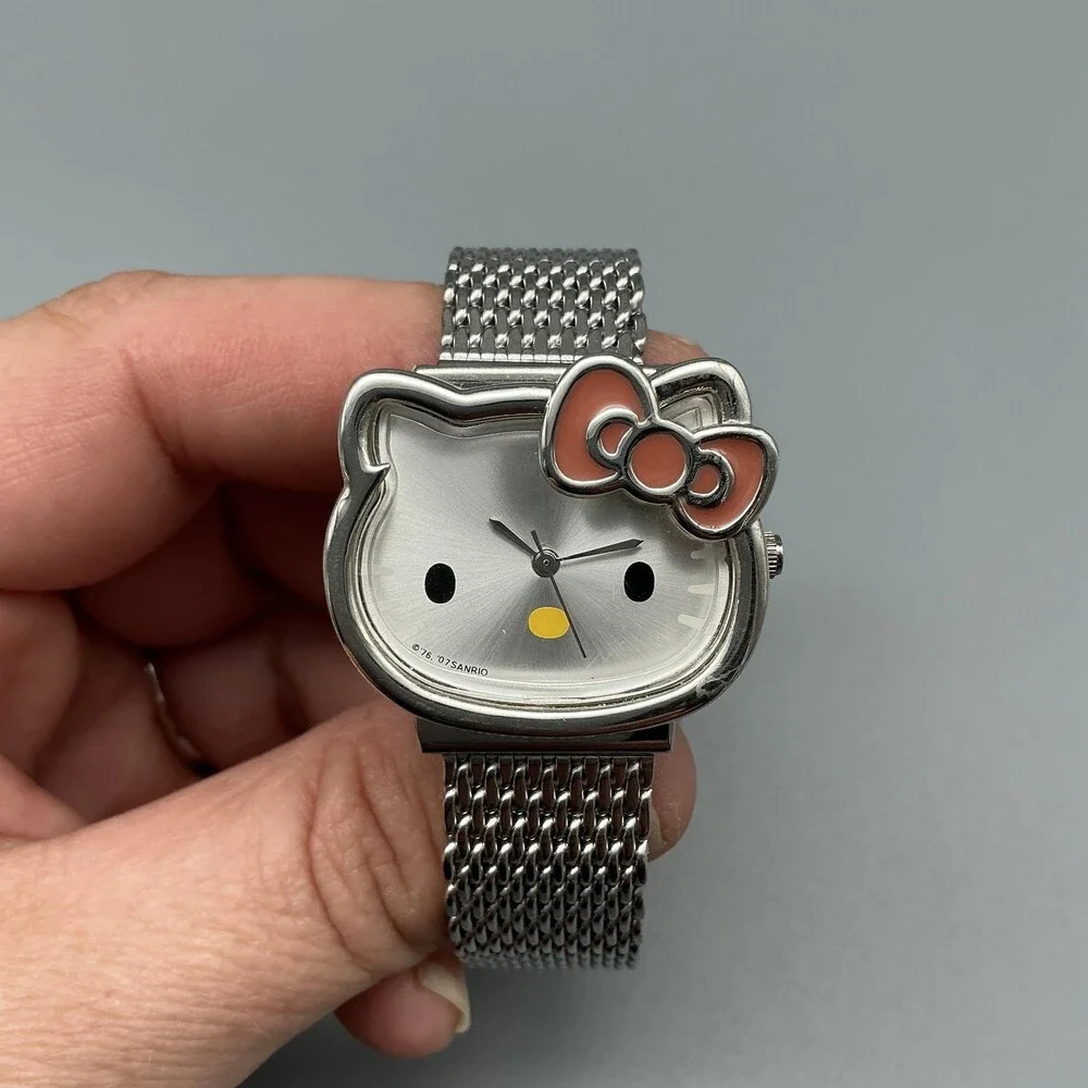 Sanrio Hello Kitty HK685D Womens Watch 31mm Silver Dial Mesh Bow New Battery